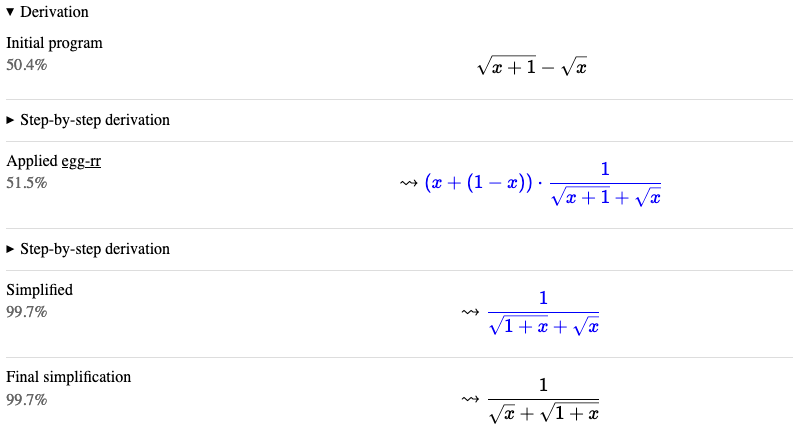 The derivation section shown for each alternative produced by Herbie, which show step by step how the initial program was transformed into the alternative.